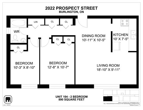 Floor plan for 2 beds, 1 bath, 883 sqft